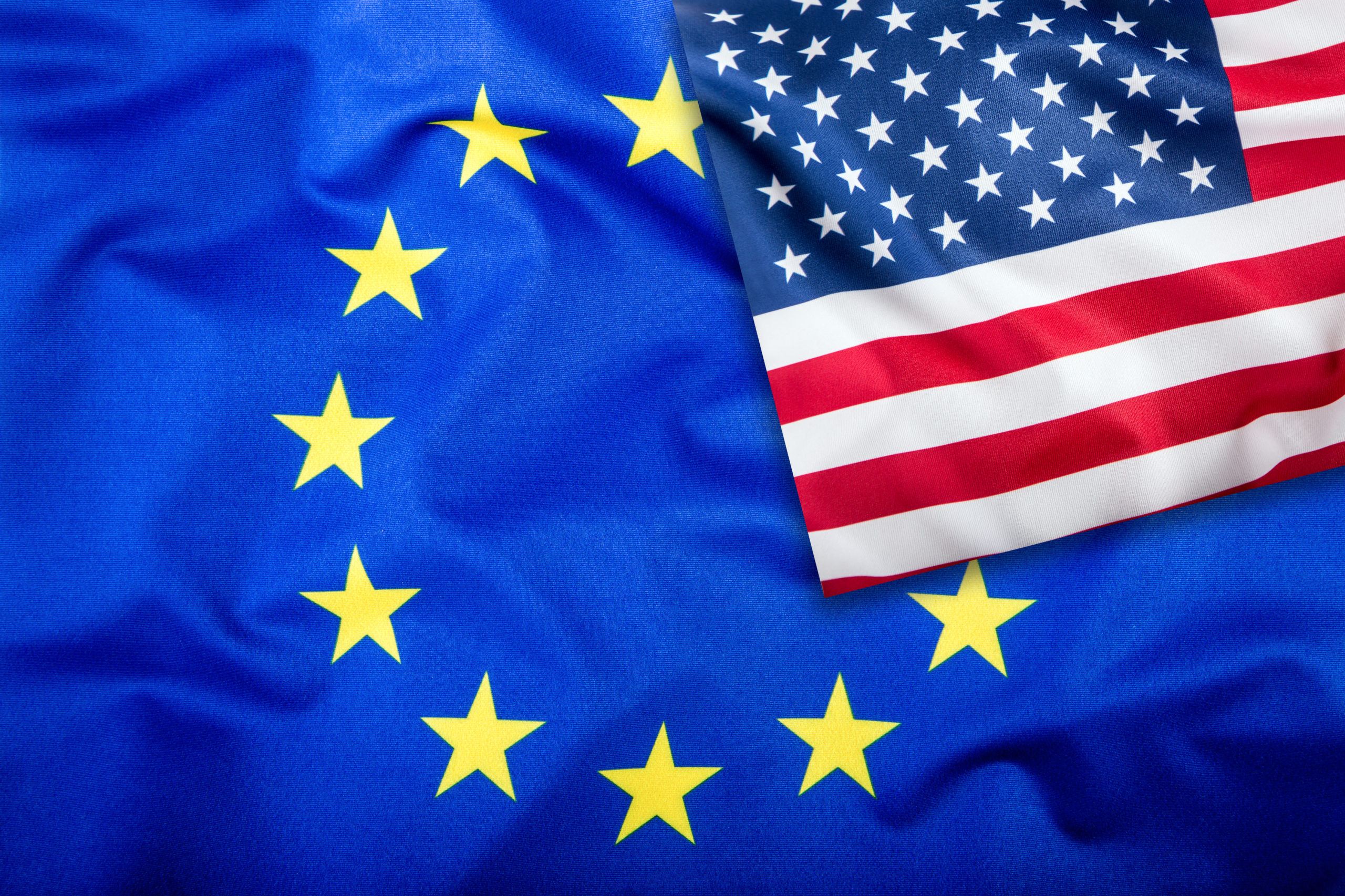 Flags of the USA and the European Union. American Flag and EU Flag. Flag inside stars. World flag concept