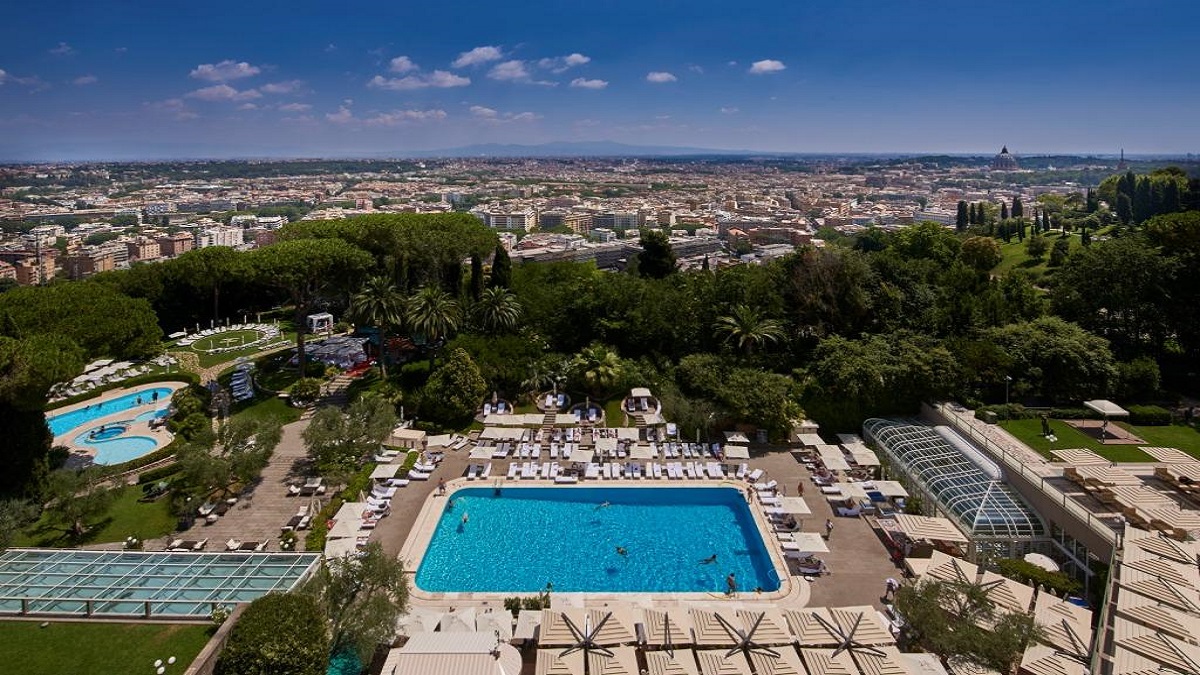 Daytime view over Rome from hotel terrace low