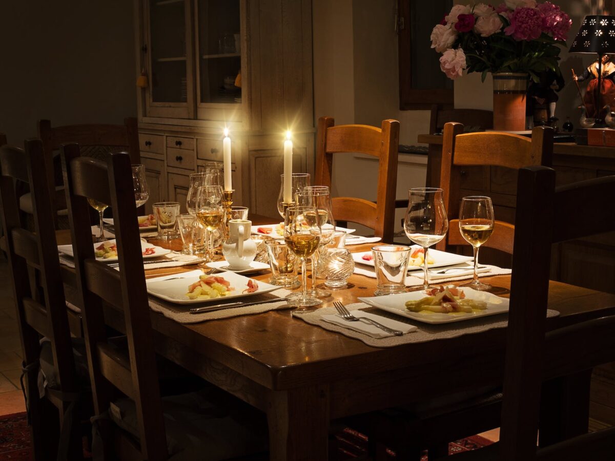 dinnerware set on brown wooden table
