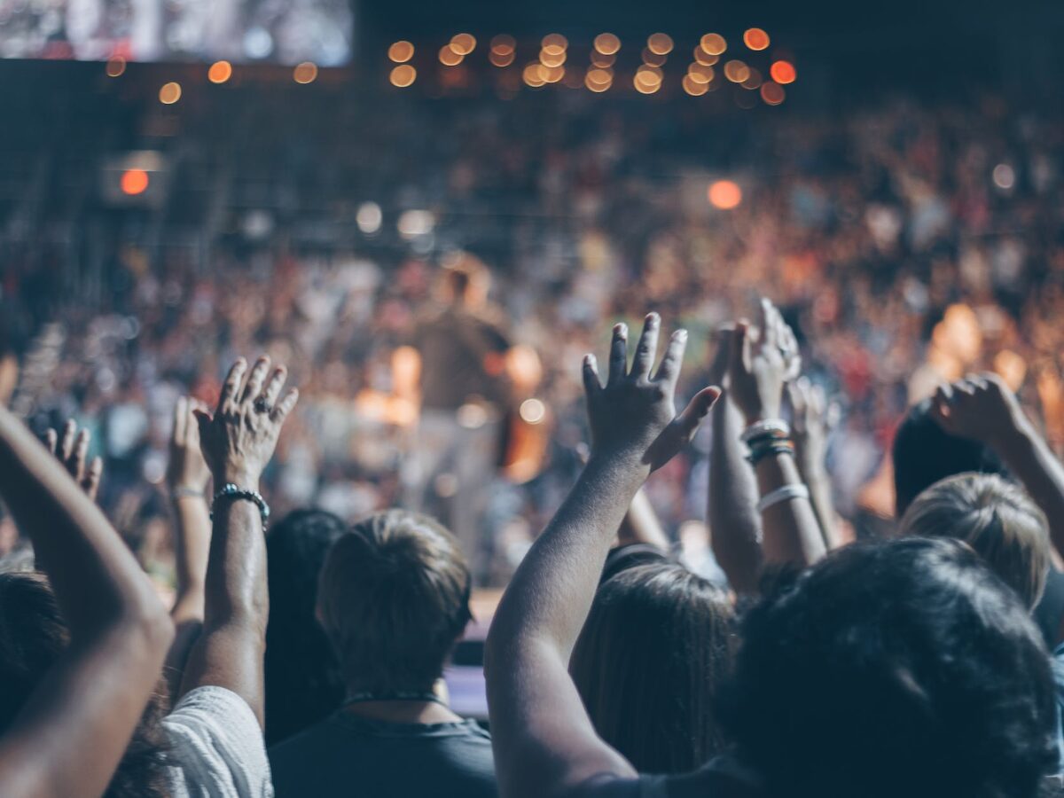 group of people raise their hands on stadium